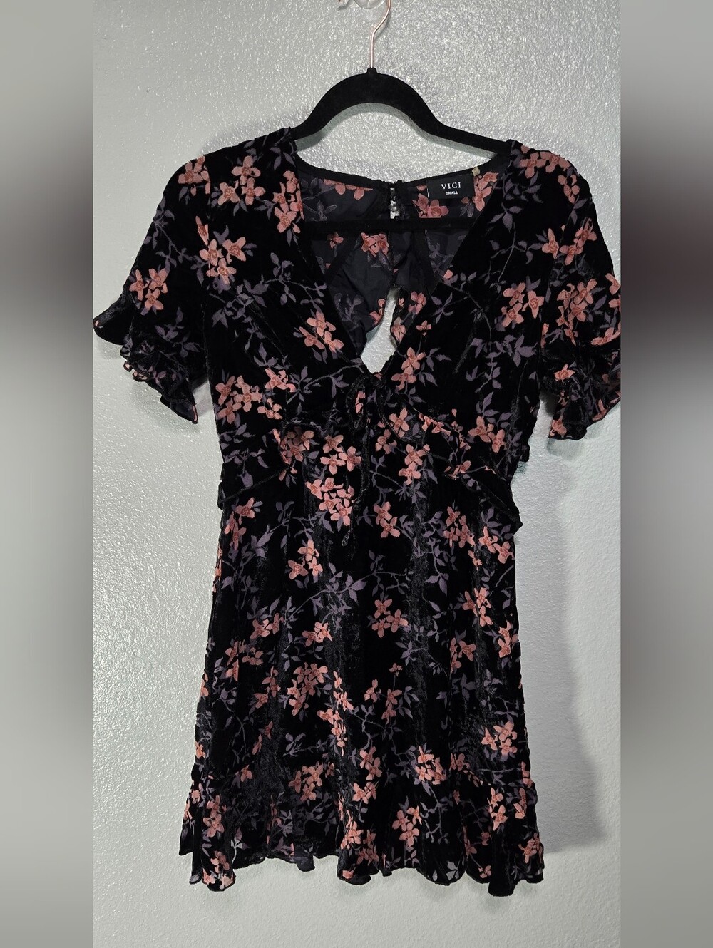 Vici Black Velvet Mini Dress with Pink Floral Print